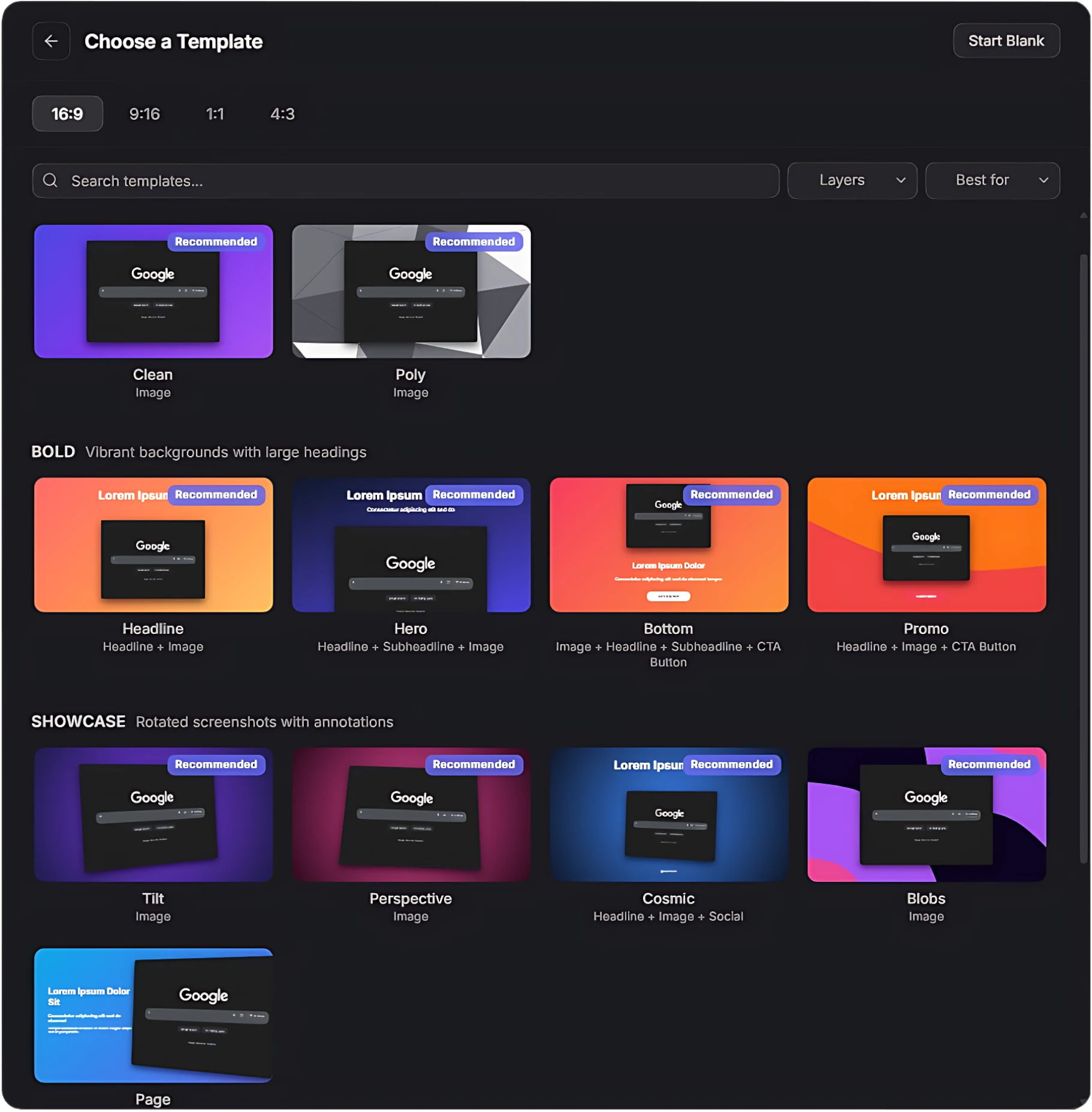 Curated templates for product screenshots